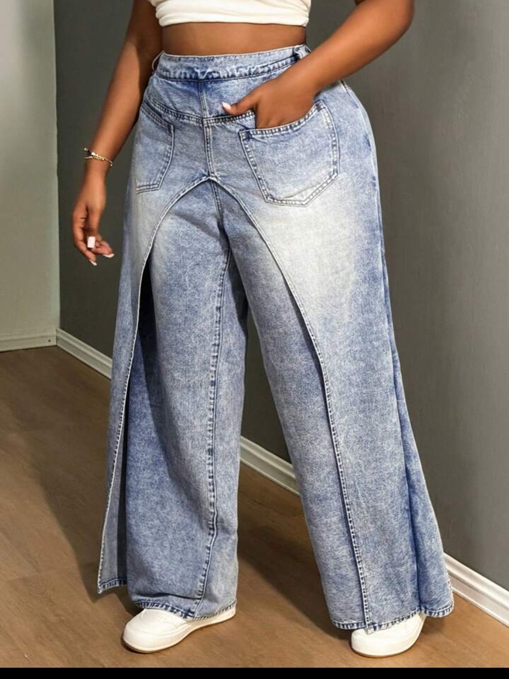 Light Blue Split Front Denim Panel Pull On Wide-Leg Jeans 2X NWOT